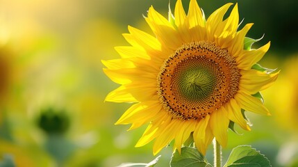 Naklejka premium A close-up of a single sunflower with its bright yellow petals and intricate details of its seeds and center, set against a soft, blurred green backdrop.