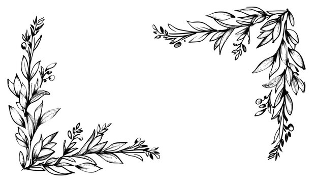 Vector illustration, corner flourish border set, rustic floral element, hand drawn doodle style, decorative ornament, vintage frame, elegant design, artistic line art, botanical decor
