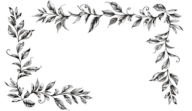 Hand drawn corner flourish border set, doodle style, rustic floral element, vector illustration, elegant vintage frame, ornamental decoration, decorative line art, isolated on white background.