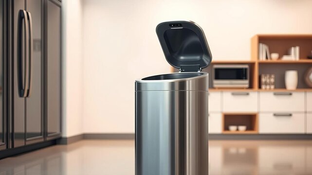 sleek modern tall trash can hands free sensor lid stainless steel finish elegant contemporary kitchen office space, sensor lid, hands free, office