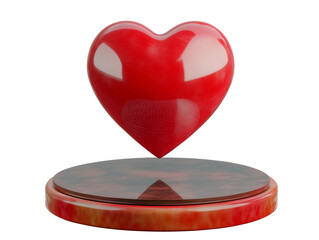 3D Glossy Red Heart Floating on Marble Pedestal Isolated on transparent background, Love and Romance Concept