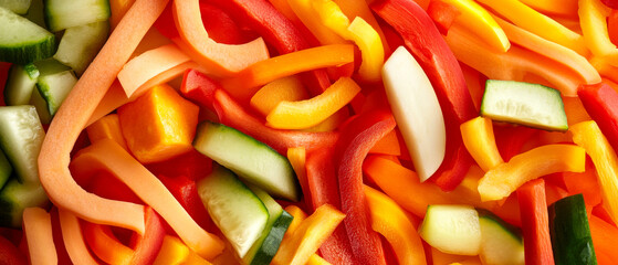 A vibrant assortment of sliced vegetables, including bell peppers and cucumbers, showcasing a rainbow of colors, ideal for fresh salads or stir-fries.