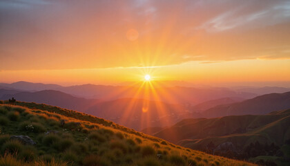 Breathtaking sunrise illuminating rolling hills, morning serenity