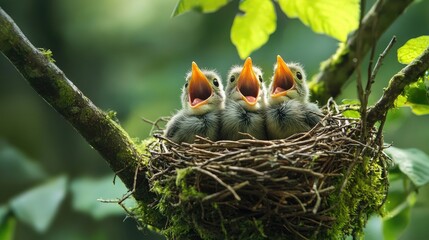 A close-up view of a nest filled with baby birds, mouths open for food, sitting safely in a tree branch covered in soft moss and green leaves.