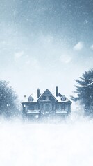 Snowstorm blankets a large old house and surrounding trees