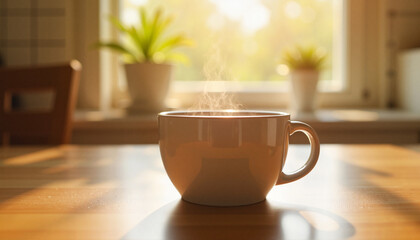 Steaming coffee cup on wooden countertop, morning warmth