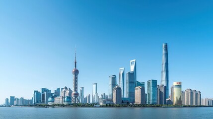 Obraz premium Modern City Skyline with Blue Sky and River