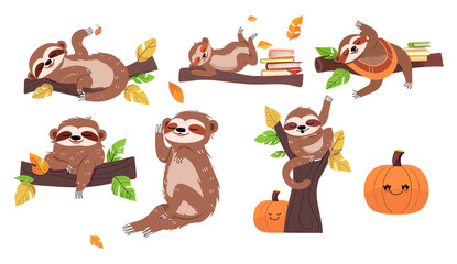 Flat vector illustration sloth, sleeping on branch, riding scooter, doing yoga, climbing tree, hanging, coffee mug, pumpkin, books, backpack, lazy mother, baby sloth © aura studio