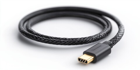 USB cable for data transfer. Black braided USB cable with a gold connector on a soft-focus background.
