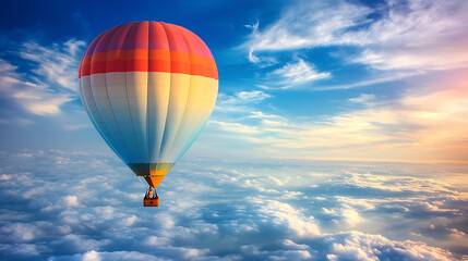 Fototapeta premium A hot air balloon is floating in the sky with a blue and orange design