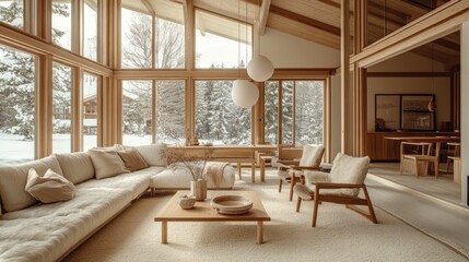 Fototapeta premium A cozy Nordic living room with a warm, neutral color palette, natural wood furniture, and a minimalist design, accented by a wool throw and large windows.