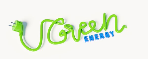 green energy concept. Green energy letters made of green cable with socket. Isolated ecology concept design.