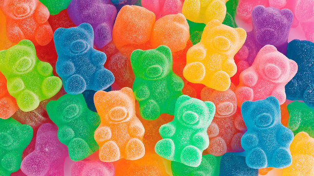 Colorful gummy bears in bright colors for candy.