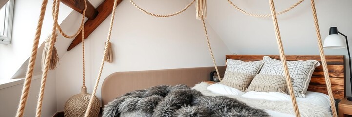 Wooden bed with pillows and fur blanket hanging on ropes in stylish modern loft bedroom interior, loft, modern, ropes