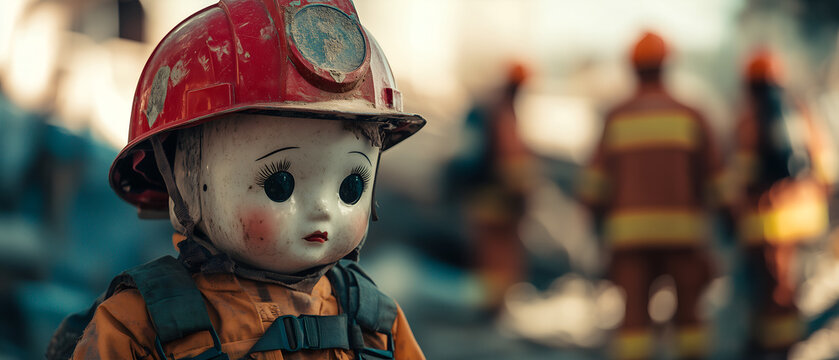 sad, distroyed miner doll in first plan; on the second: natural disaster, accident or terrorism effect; concept of mining accident, security, emergency, firemen help