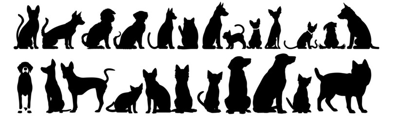 Vector illustration of a group of cats and dogs, standing or sitting, silhouette collection, animals, pets, front view, animal lovers, cat and dog silhouettes, vector art, pet lovers