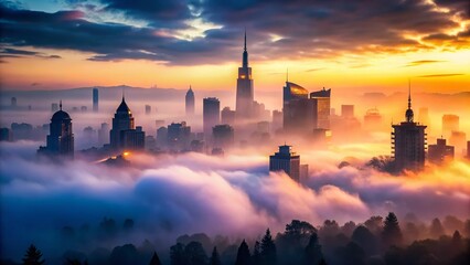 Fototapeta premium Foggy City Skyline Twilight - Dramatic Urban Landscape Photography