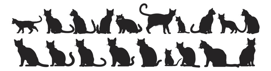 Cats and kitten silhouette group walking or sitting, vector illustration, front view of animals, cat family, kitten collection, pet art, animal lovers design, cute feline art
