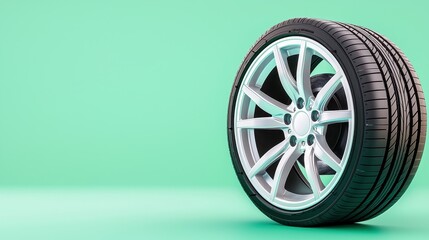 Silver Alloy Wheel and Tire on Green Background: A Detailed Product Shot