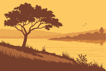 S erene sunset over a tranquil lake, golden hour reflection on water, silhouette of lone tree on grassy shore, distant treeline, warm orange sky, peaceful landscape, romantic atmosphere, nature phot