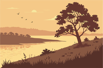 S erene sunset over a tranquil lake, golden hour reflection on water, silhouette of lone tree on grassy shore, distant treeline, warm orange sky, peaceful landscape, romantic atmosphere, nature phot