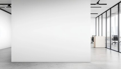 A white wall in an office setting, providing space for text or images. The background of the photo show a modern interior design and natural light.