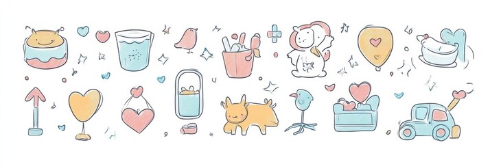 Cute and colorful doodles featuring a variety of playful designs and creative objects in a whimsical style. Generative AI