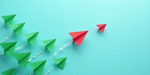 A red paper airplane leads a fleet of green ones, symbolizing innovation and independent thinking, charting a new course, breaking away from the conventional path