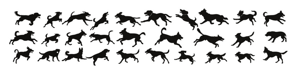 Dogs running, jumping vector illustration, dog breed silhouettes, action dog vector art, dog silhouettes collection, various dog breeds, jumping and running dogs