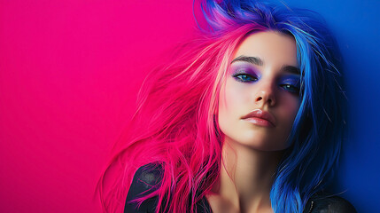 Fototapeta premium A woman with blue and pink hair is standing in front of a pink background
