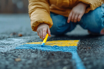 Obraz premium Generative AI picture of child drawing with colorful chalk on the pavement