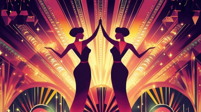 Two stylized women present magic in an art deco scene