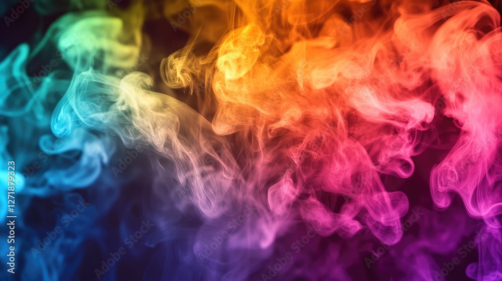 Poster a dynamic image of rainbow-colored smoke plumes emerging from a single source, with each color blend