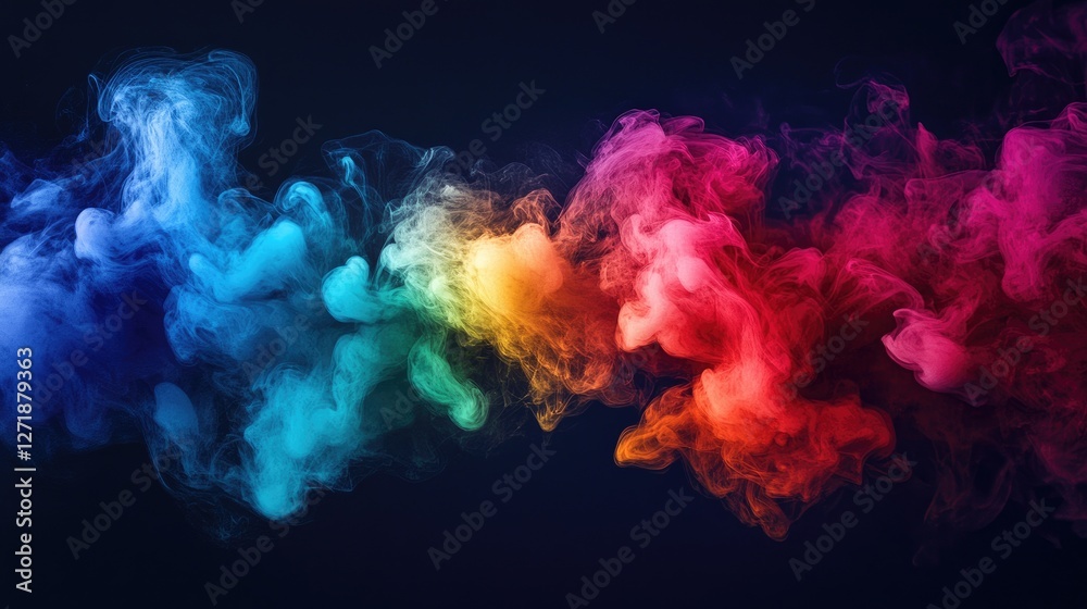 Poster a dynamic image of rainbow-colored smoke plumes emerging from a single source, with each color blend