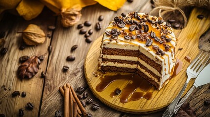 Fototapeta premium Autumnal Coffee Cake Slice with Caramel Drizzle and Coffee Beans - A Delicious Treat