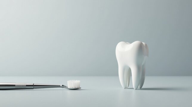 Dental hygiene concept a pristine white tooth model and a toothbrush on a calm blue background, symbolizing oral care and healthy teeth.
