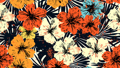 Tropical hibiscus flowers seamless pattern, grunge vintage wallpaper, summer wear fabric, beach towel, swimsuit, patchwork design for shirt, tropical summer fashion, vibrant floral print