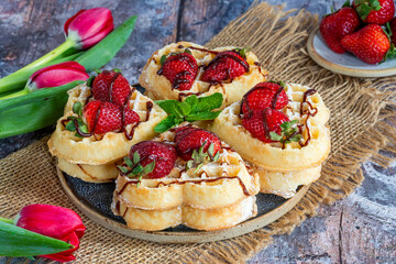 Heart-shaped belgian waffles decorated with fresh strawberries