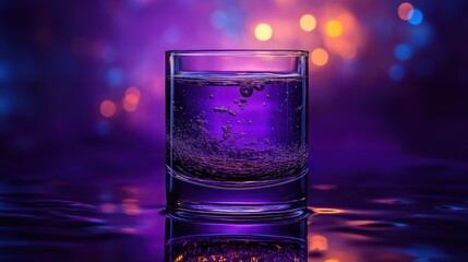 Glass of deep purple liquid with floating bubbles and glowing bokeh