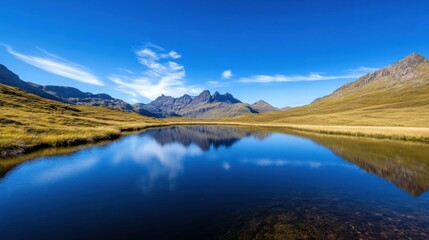 A large body of water is reflected in the sky, with mountains in the background