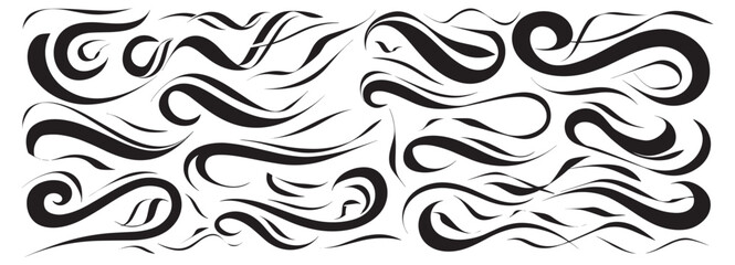 Fototapeta premium Hand drawn black sports swash tail font, vector illustration, text swoosh in retro doodle style, swirl underline calligraphy strokes, curly swishes