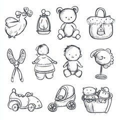 Collection of cute hand drawn baby toys and accessories arranged creatively for a playful atmosphere. Generative AI