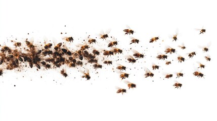 Swarm of bees flying in formation, captured in motion against a white background. --