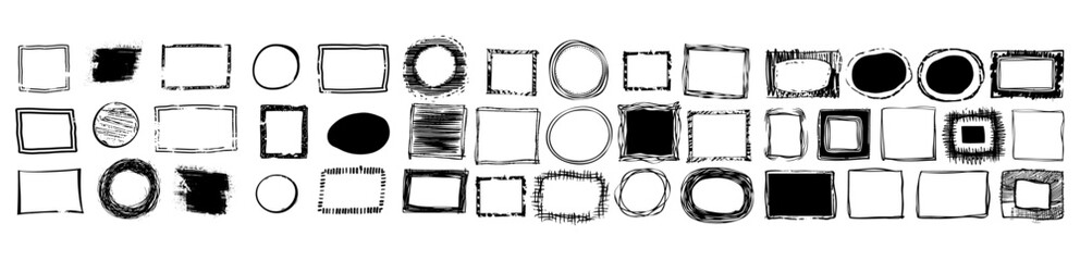 Hand drawn vector illustration, doodle frame set, box, square, rectangle, circle shape, brush pen, line stroke, scribble, oval, square frame, text border, simple frame design