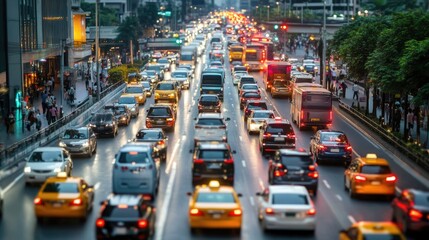 A high-resolution image of a busy city street with dense traffic and a variety of vehicles, showcasing the flow and congestion in urban traffic.