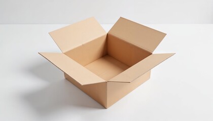 Unfolded foldable cardboard box on white surface with copy space