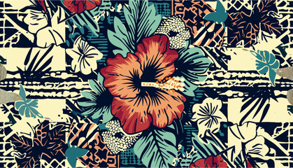 Tribal patchwork fabric design, Hawaiian hibiscus seamless pattern, abstract vintage vector print, floral pattern, retro fabric illustration, exotic tribal print, tropical fabric © aura studio