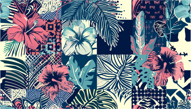 Hawaiian hibiscus vector seamless pattern, tribal element patchwork, abstract vintage fabric design, floral fabric pattern, tropical pattern, exotic print, retro fabric print