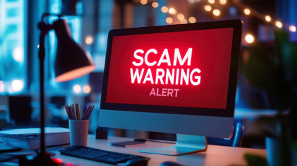 Cybersecurity alert with flashing scam warning on computer screen in office environment