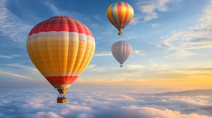 Fototapeta premium Three hot air balloons are flying in the sky, one of which is yellow and red